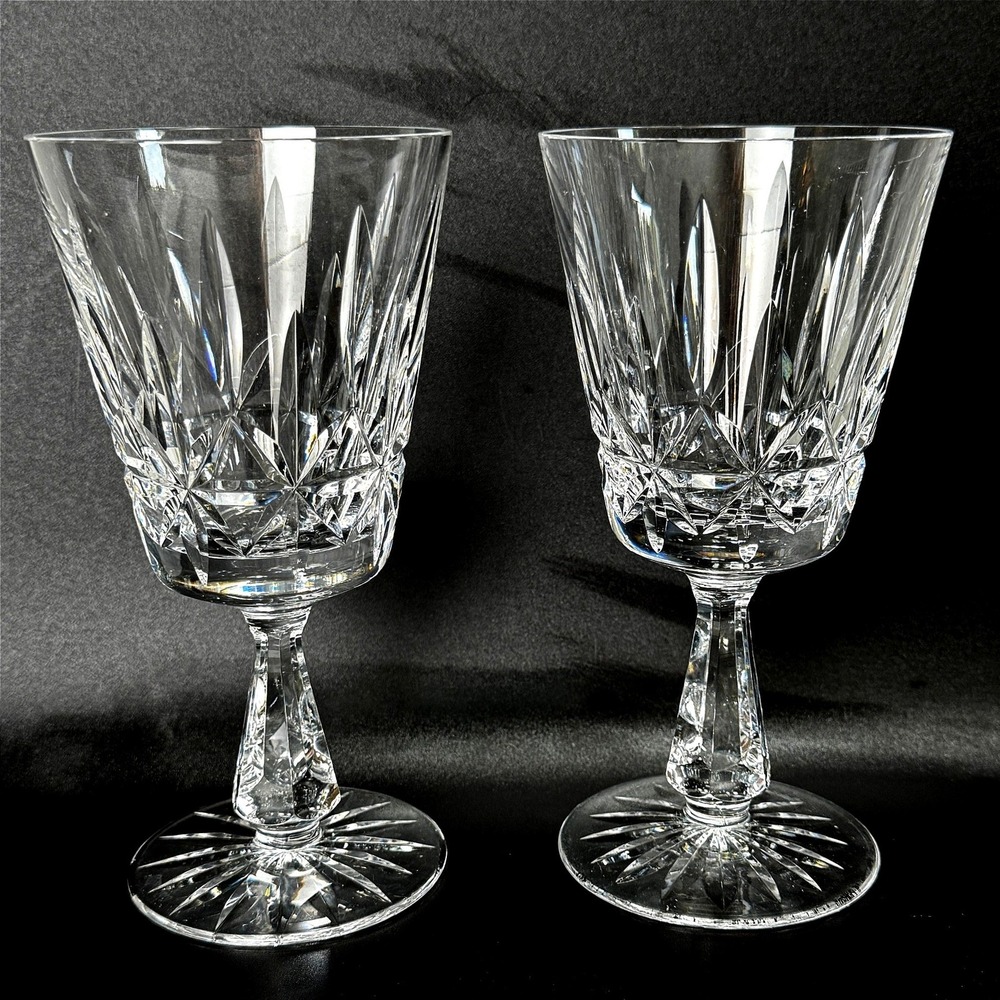 Pair Waterford Rosslare Cut Crystal Water / Wine Goblets 6¾" Signed Etched
